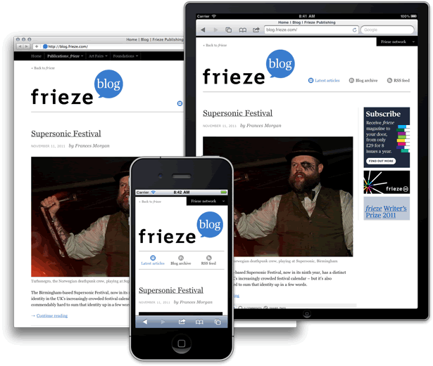 Screenshots of the responsive Frieze magazine blog